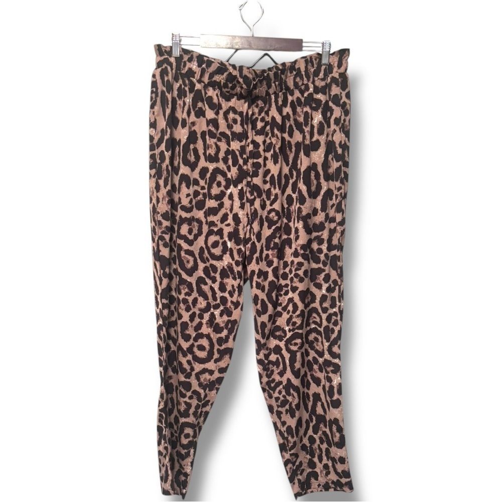 SHEIN Curve Tan/Black Animal Print Paper Bag Waist Drawstring Ankle Length Pants - Picture 7 of 11